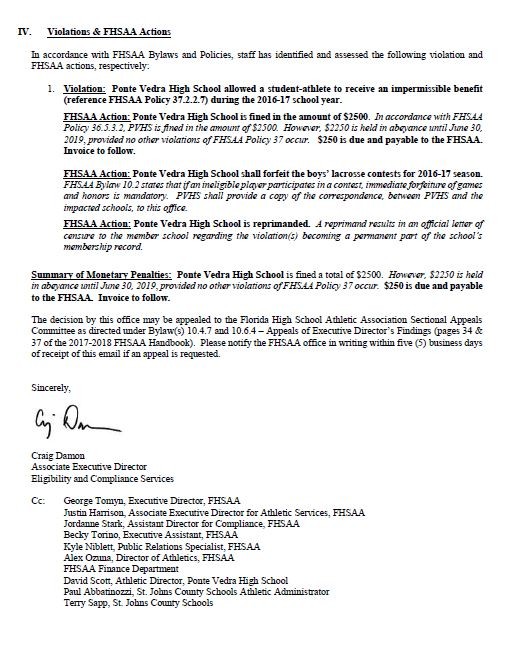 Page 3 of the letter from FHSAA to PVHS